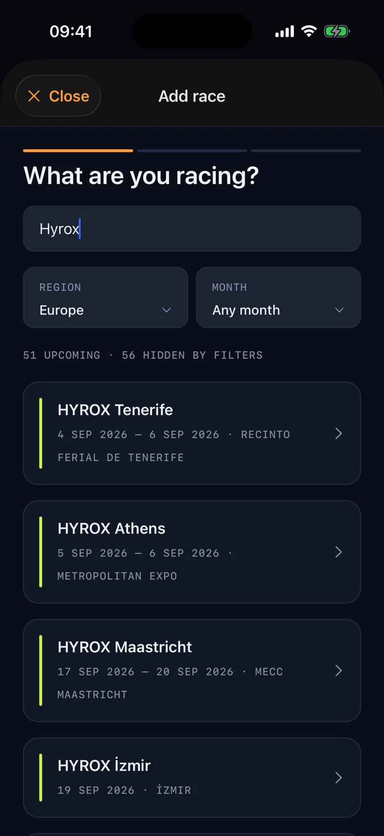 Catalogue search for HYROX with region and month filters above dated, venue-labelled results
