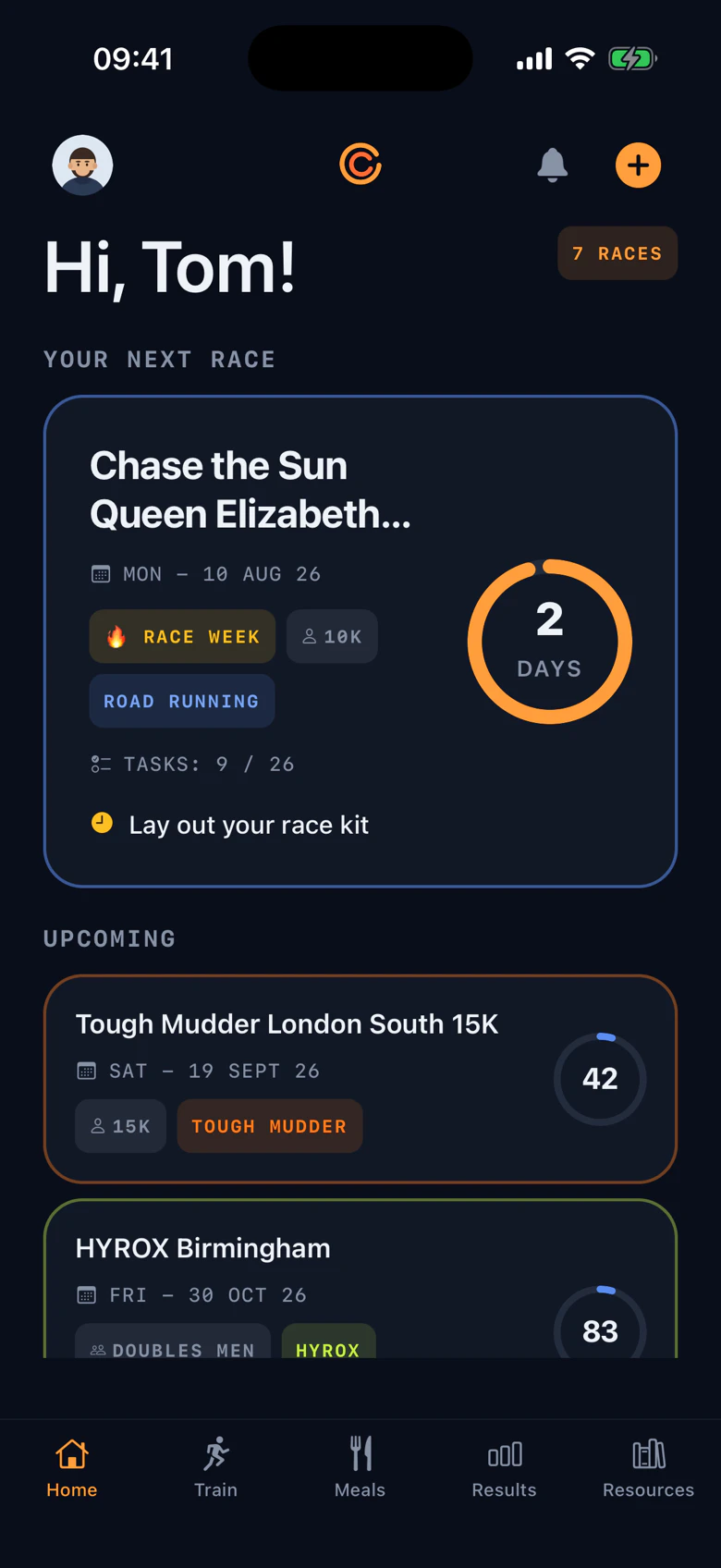 Race-week dashboard: a burning race-week badge, two days to go, and today's task on the hero card