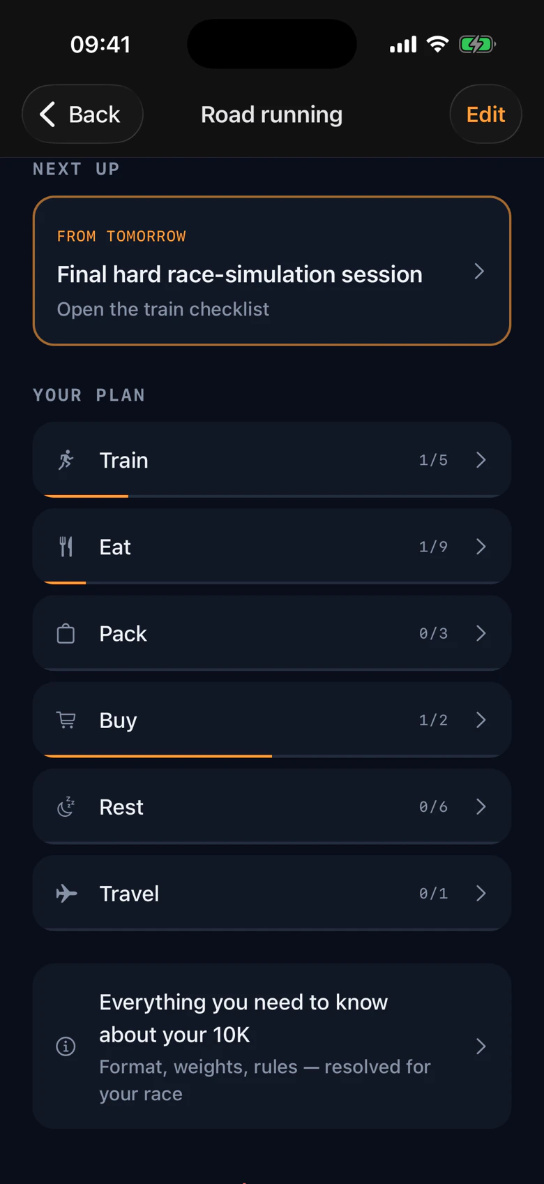 A race plan: the next task due, then Train, Eat, Pack, Buy, Rest and Travel checklists with progress bars