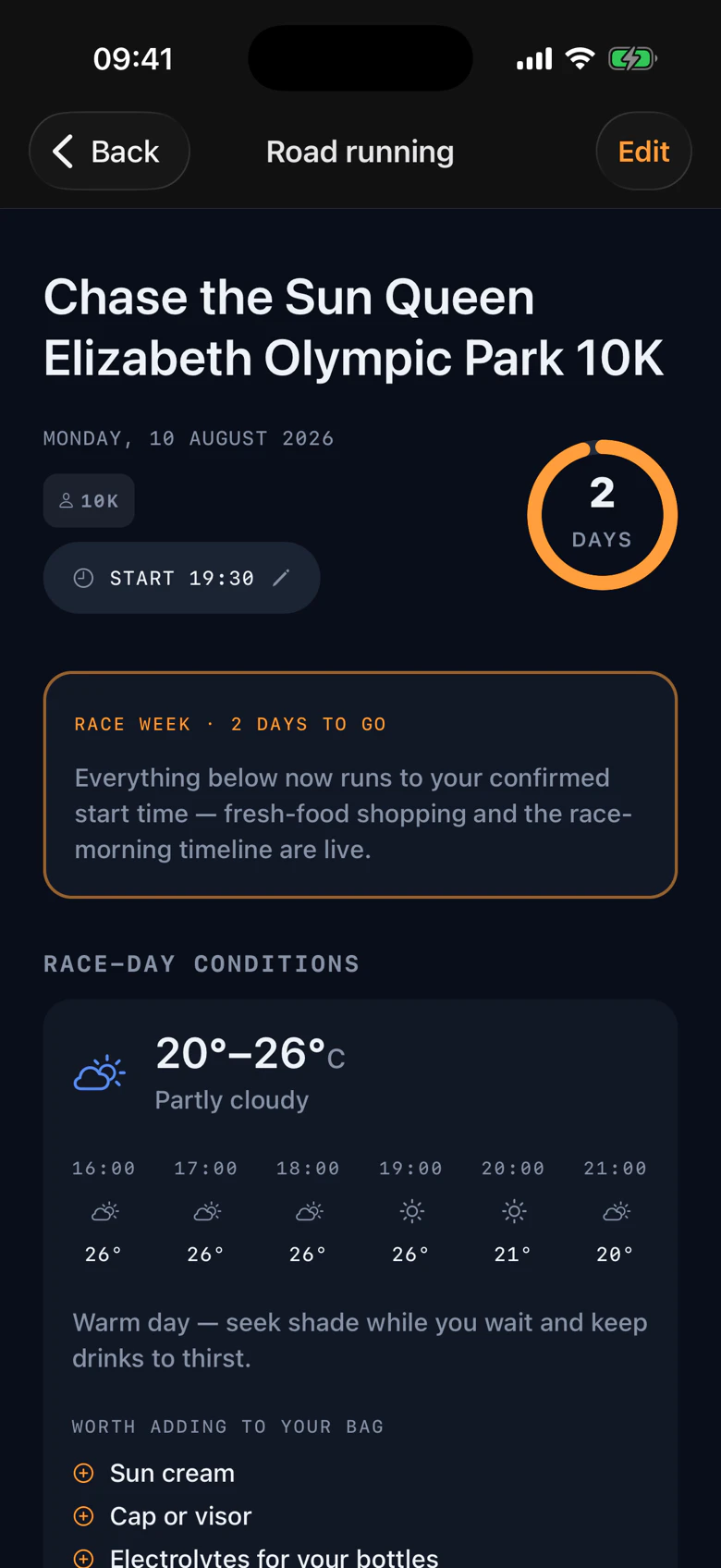 Race-week mode: an hourly race-day forecast around the confirmed 19:30 start, with weather-driven additions to the bag